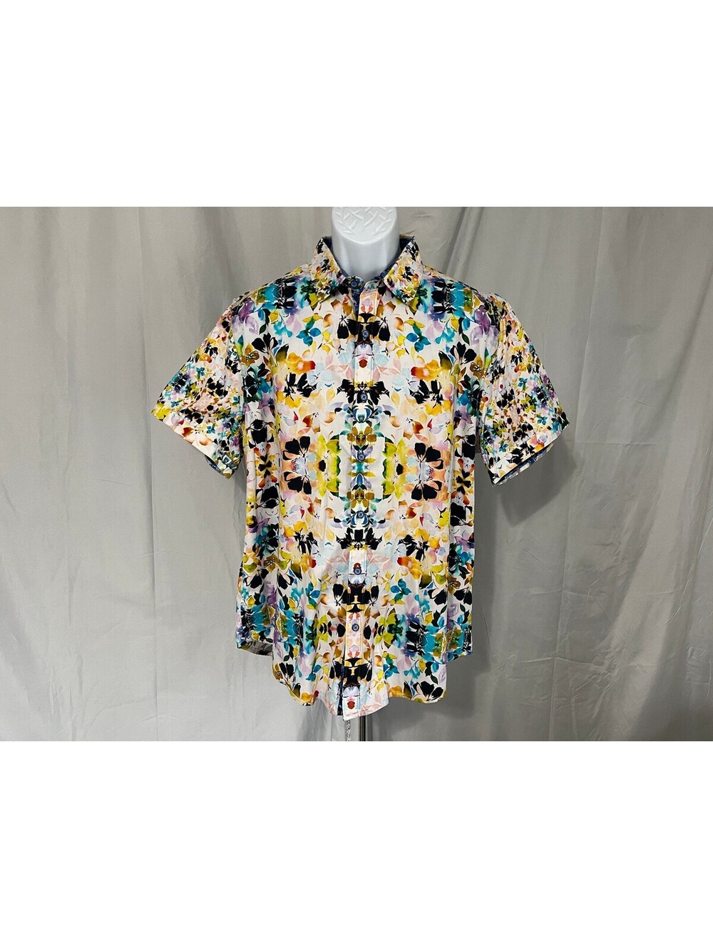Robert Graham Men's White w/ Crazy Floral Multicolor Detail s/s Shirt Large L